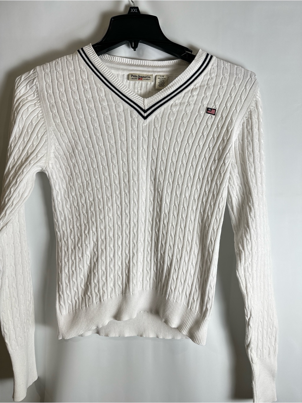 Polo By Ralph Lauren White Cable-Knit V-Neck Sweater With Navy Trim